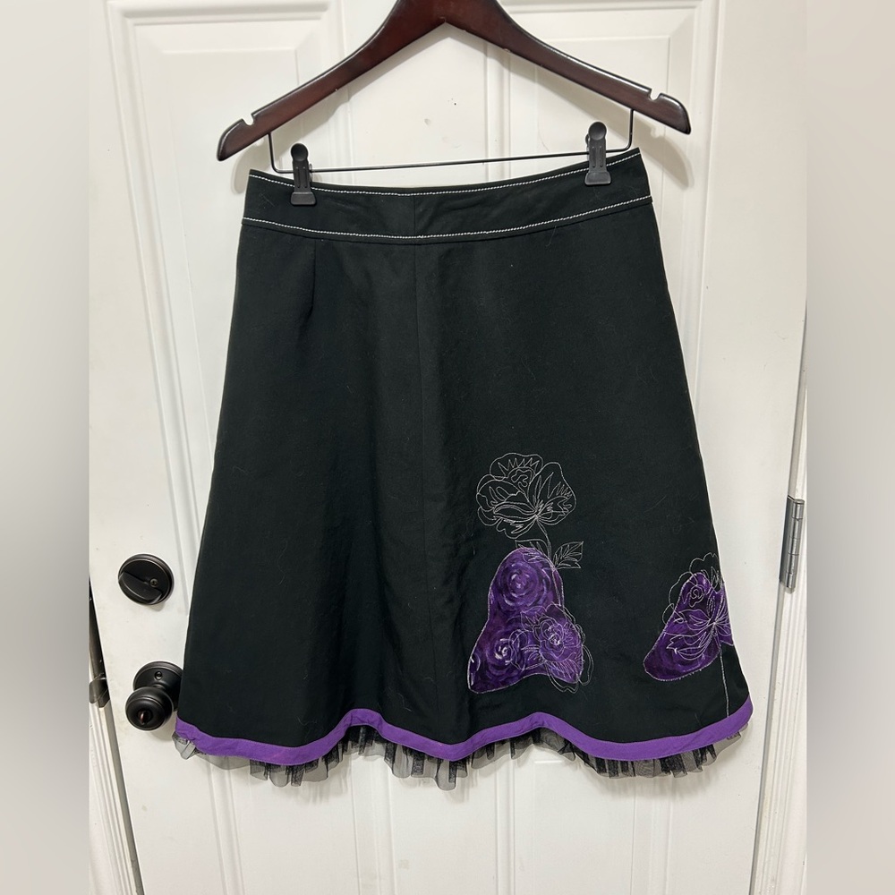 Black A-Line Skirt with Purple Rose Embroidery